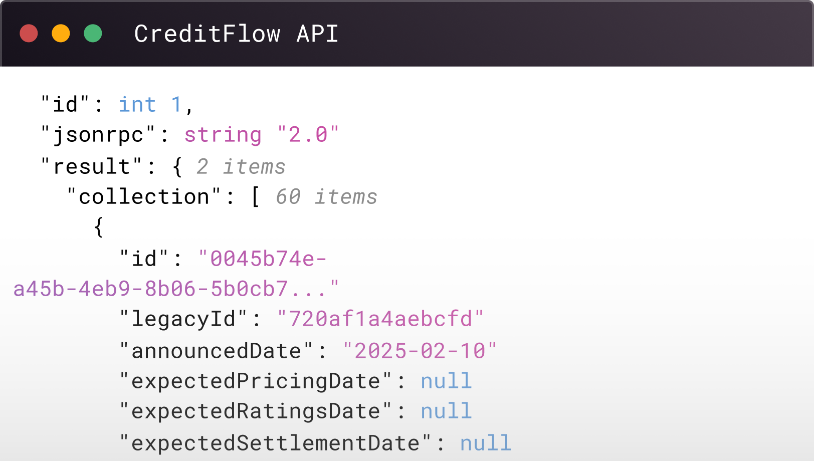 CreditFlow API JSON response in a terminal window